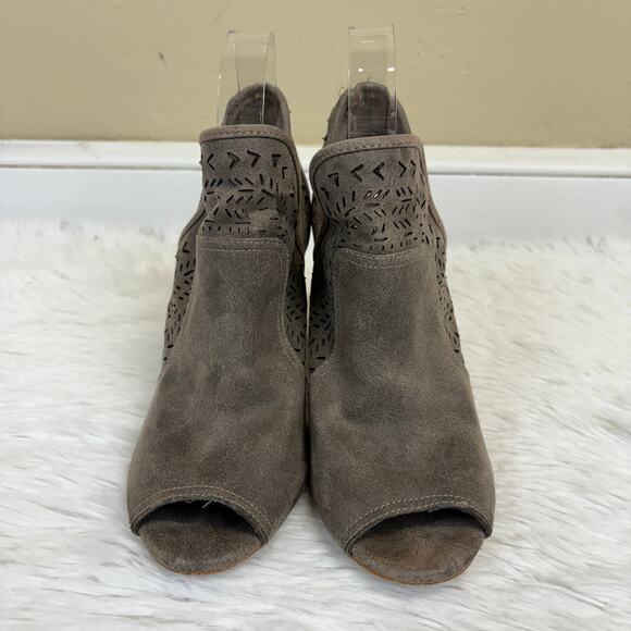 Fergalicious by Fergie Open Toe Laser Cut Taupe Suede Bootie Size 7.5 - Picture 3 of 8